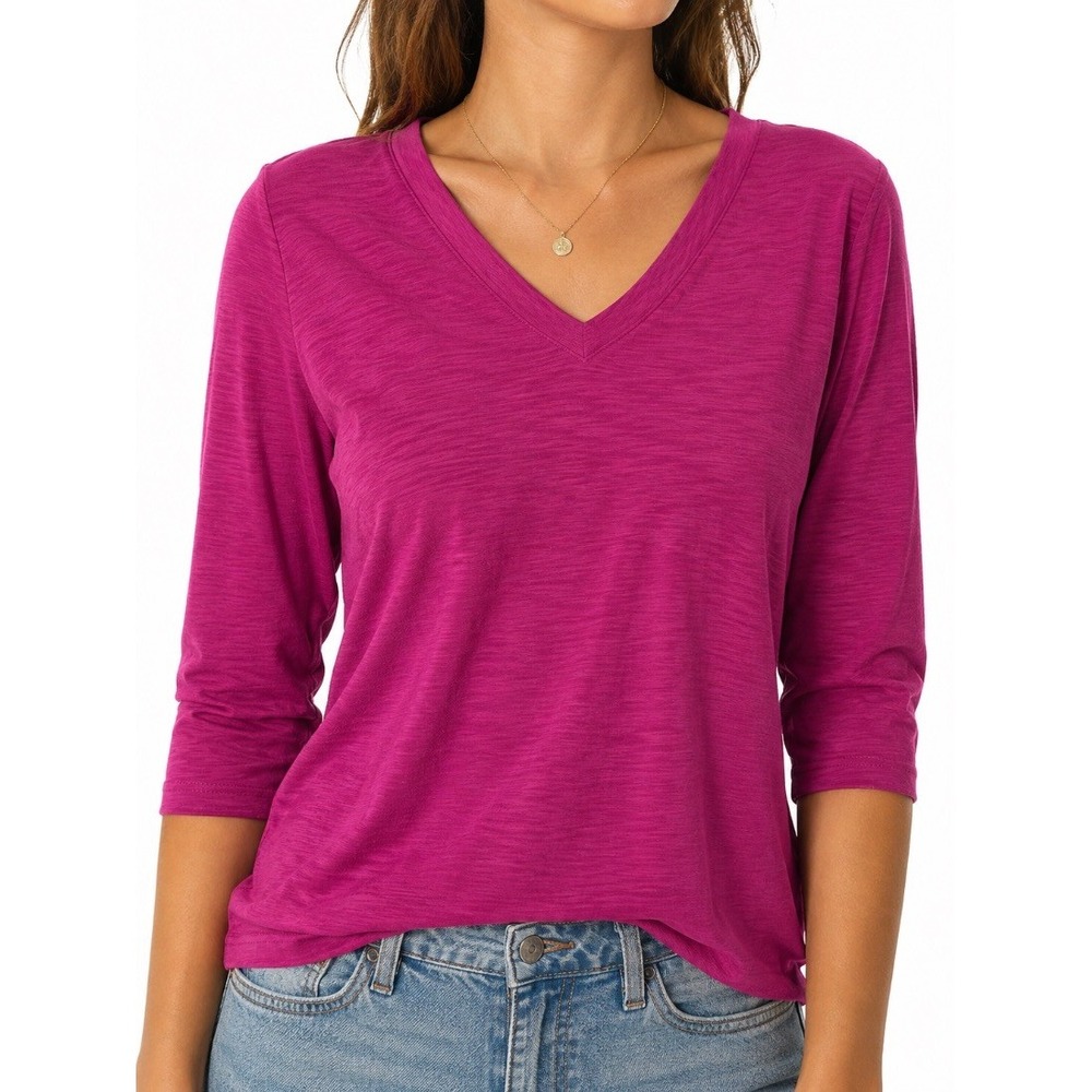 Belle by Kim Gravel Womens V-Neck 3/4 Sleeve Top Blouse Magenta Pink S